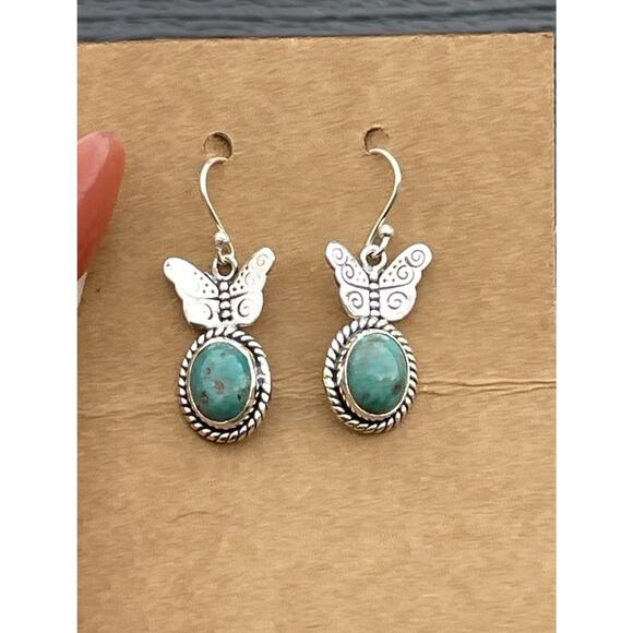 Sterling Silver Turquoise Butterfly Dangle Earrings Native Southwest Style - Picture 5 of 7